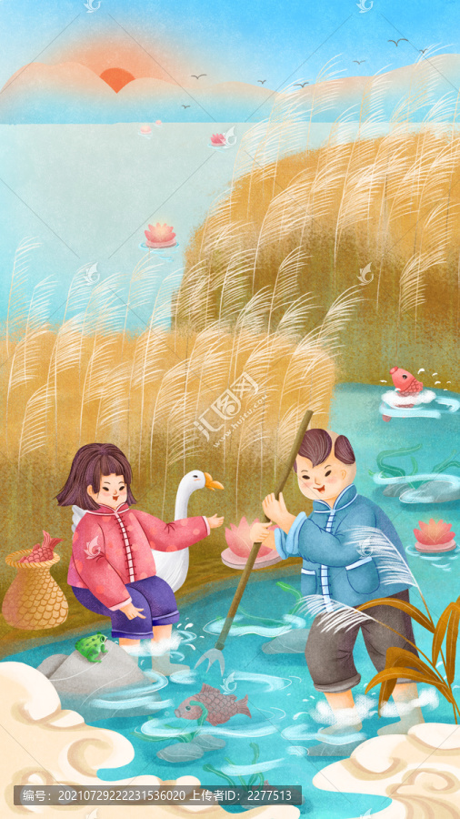 两个小孩在芦苇荡的河边捕鱼