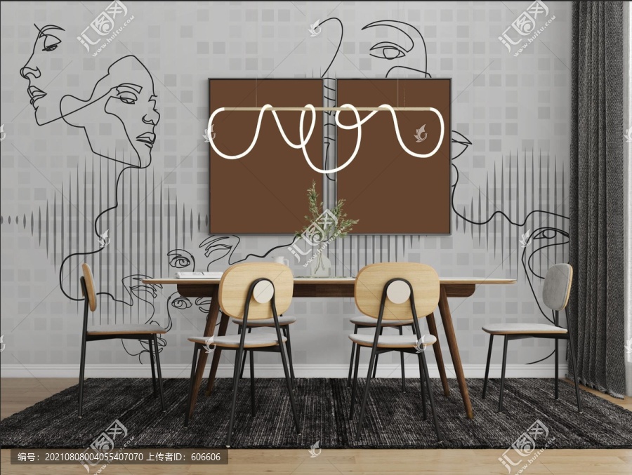 线条餐厅墙布壁画背景效果图
