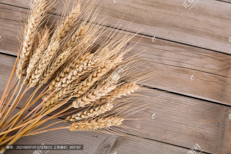 木板背景上一把成熟的麦穗