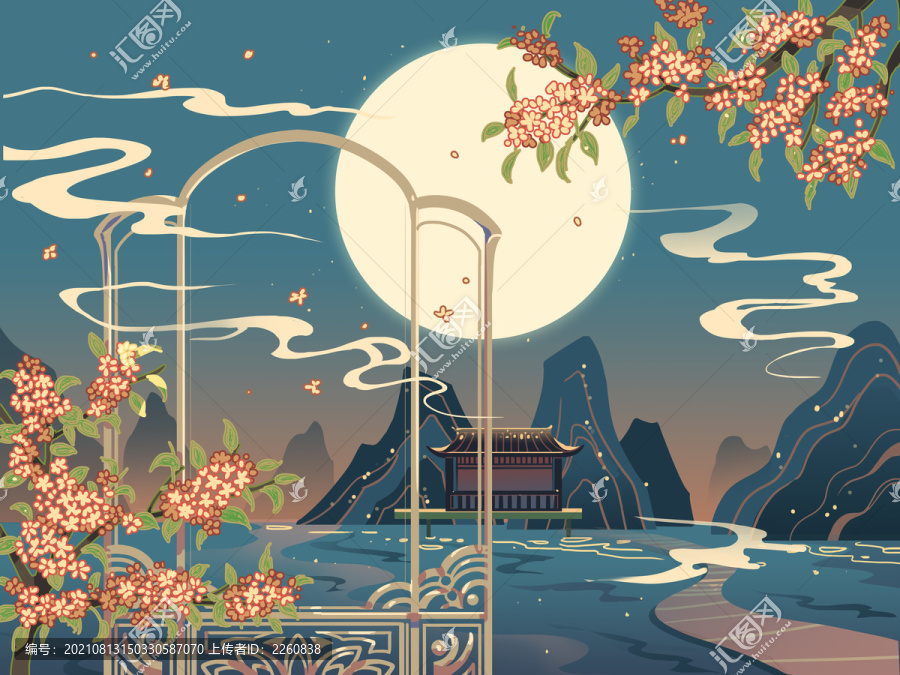 中秋月圆桂花中秋佳节国庆插画