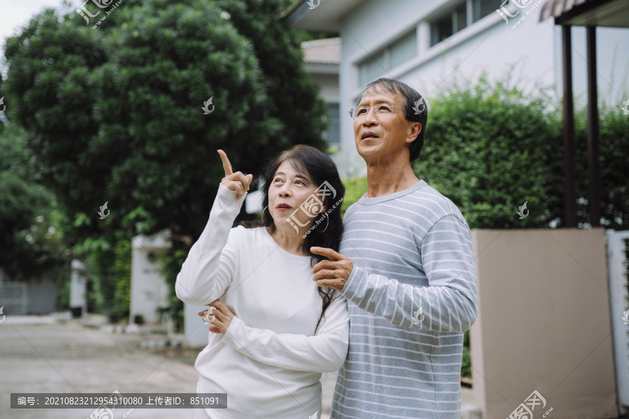 一对亚洲老夫妇一边在公园里散步一边看着飞鸟。