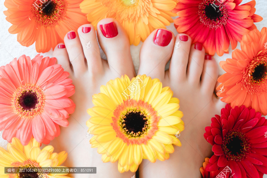 脚趾甲修剪后用红色指甲油或花间颜色