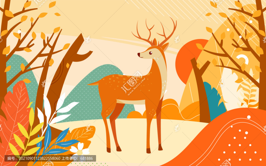 麋鹿自然风景保护动物季节插画