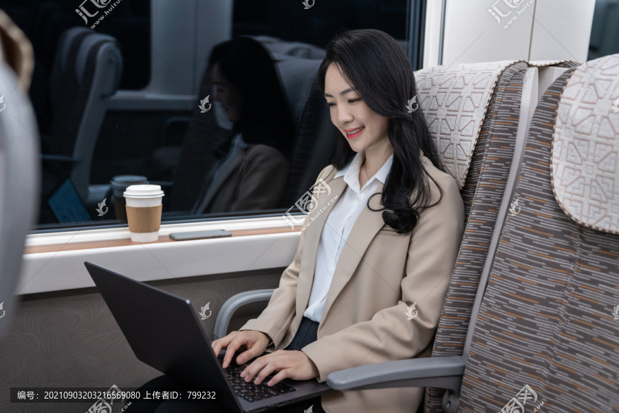 商务女士乘坐地铁使用笔记本电脑