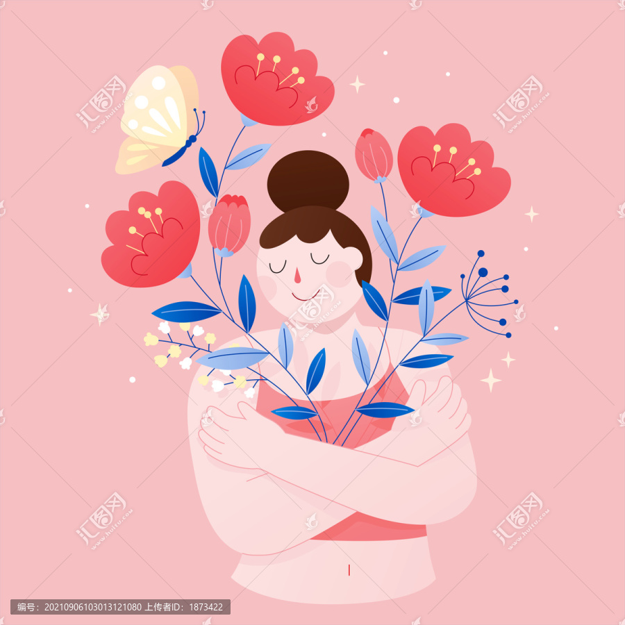 拥抱自己的身体扁平概念插图,女子与花朵