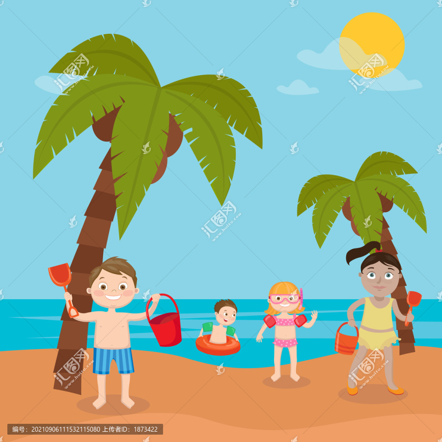 扁平风插画儿童海边游玩图