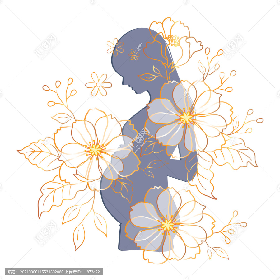 怀孕女性剪影及花卉轮廓插图