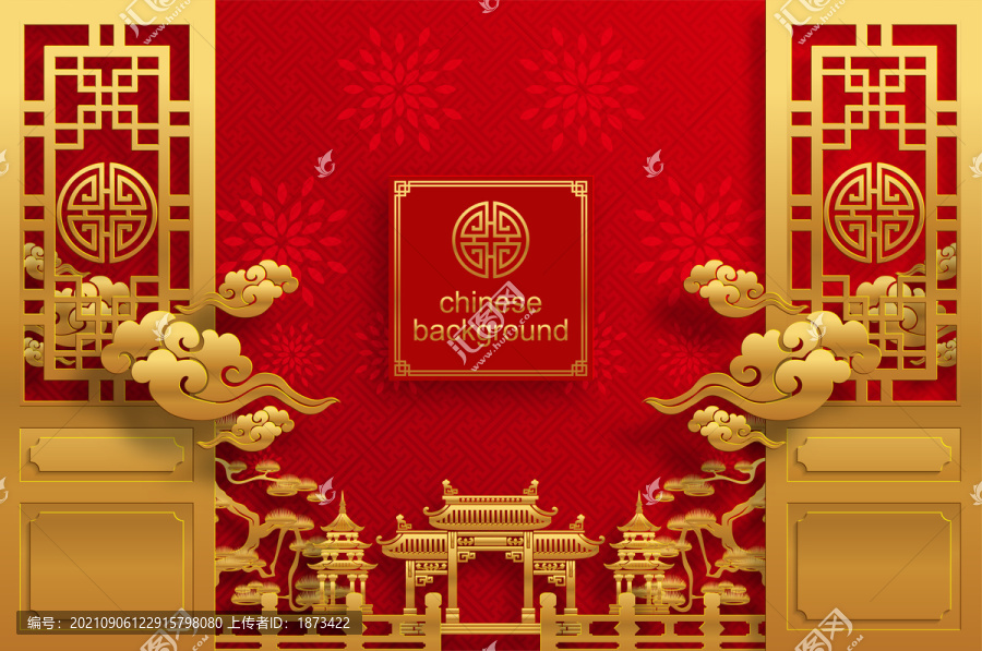 金红色古典门窗与装饰的中式新年婚礼背景