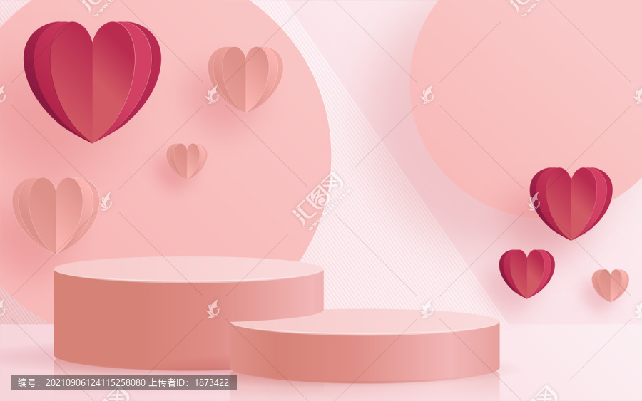 柔美粉色爱心折纸装饰背景圆形展示台元素