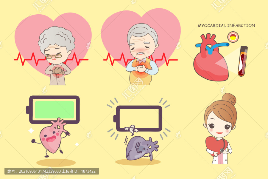 银发老年人与心脏疾病卡通插画