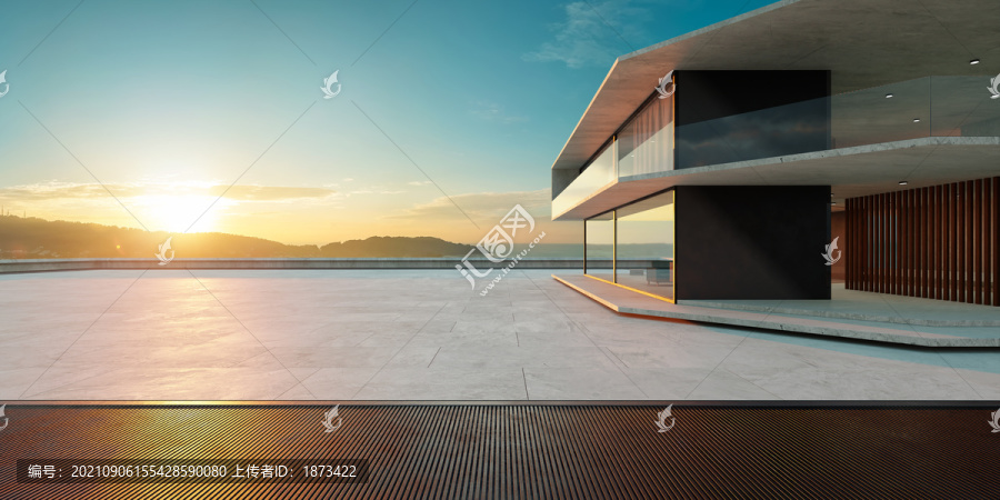 摩登建筑装修大理石平台夕阳场景图