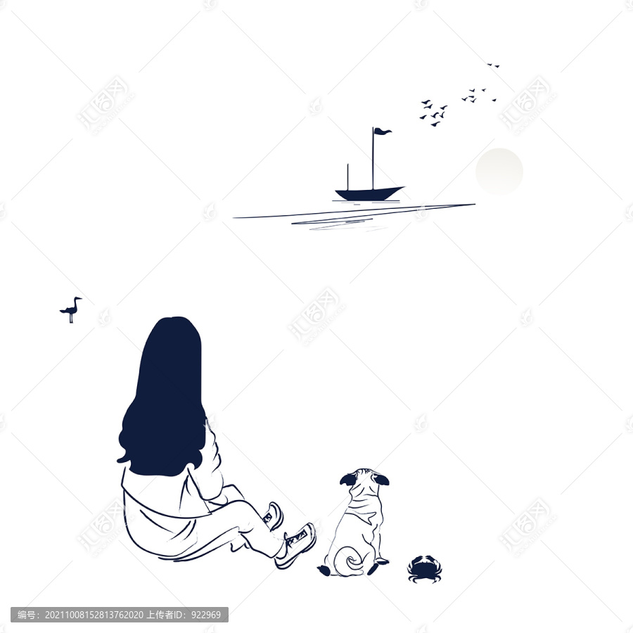 线描海边少女背影帆船小狗螃蟹