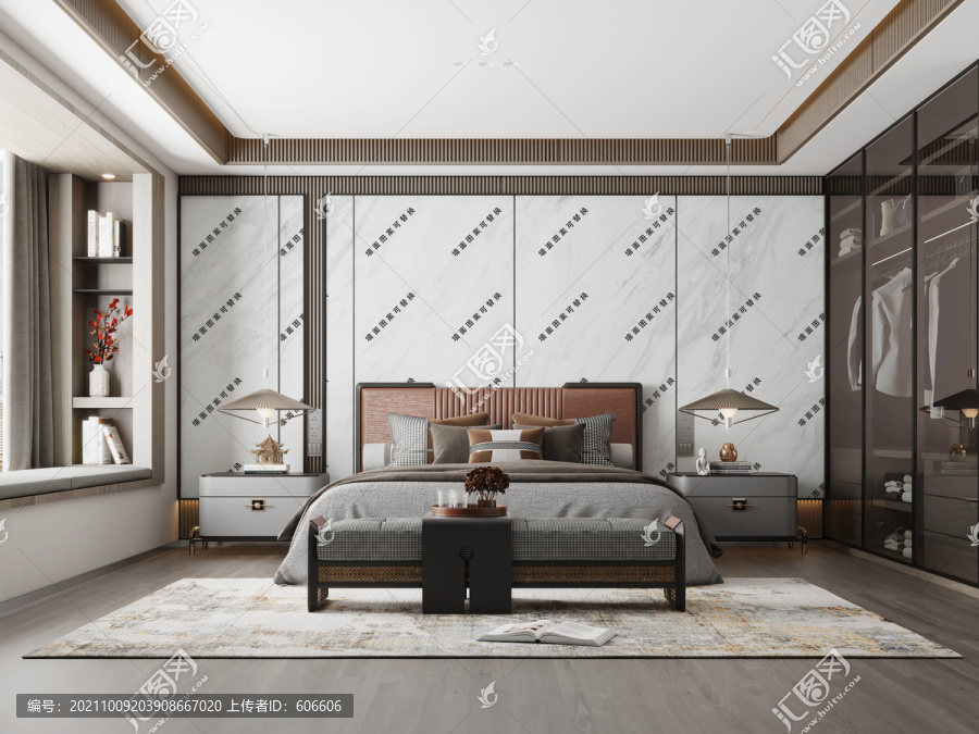 新中式卧室墙布壁画背景场景图