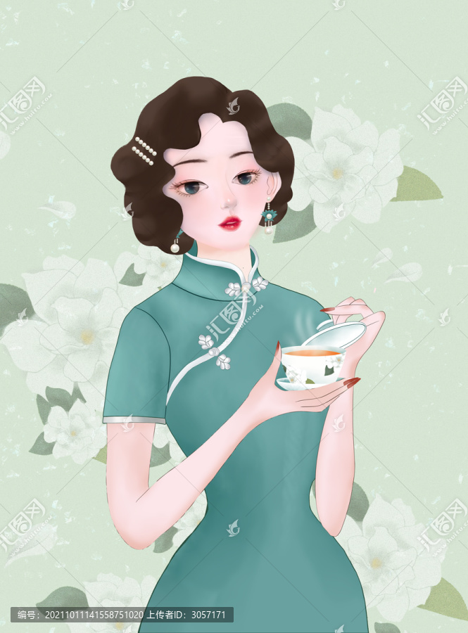 品茶的旗袍美女