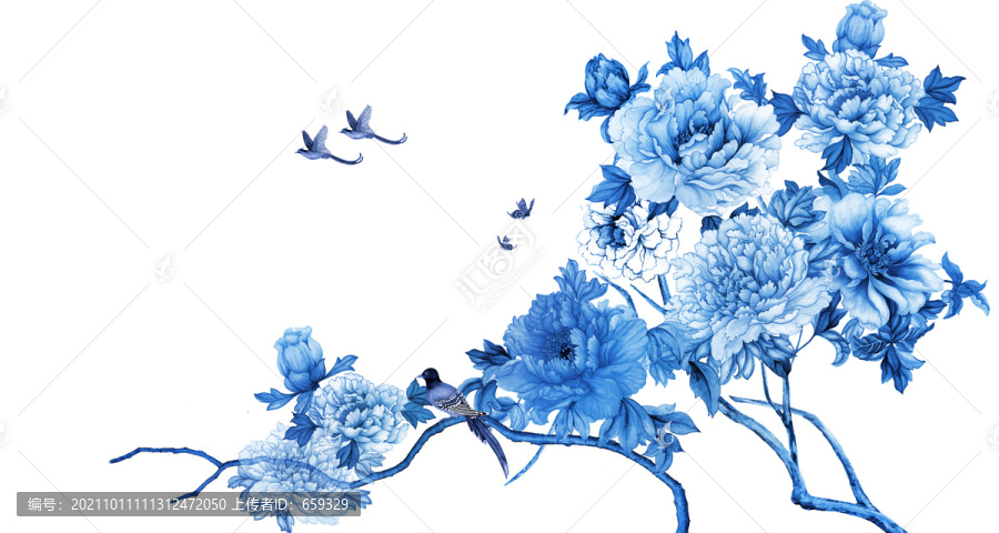 手绘青花牡丹