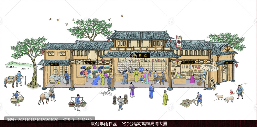 手绘插画设计古代街道盛景