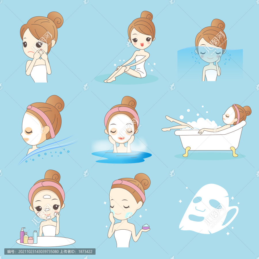 少女享受泡澡净肤卡通插图