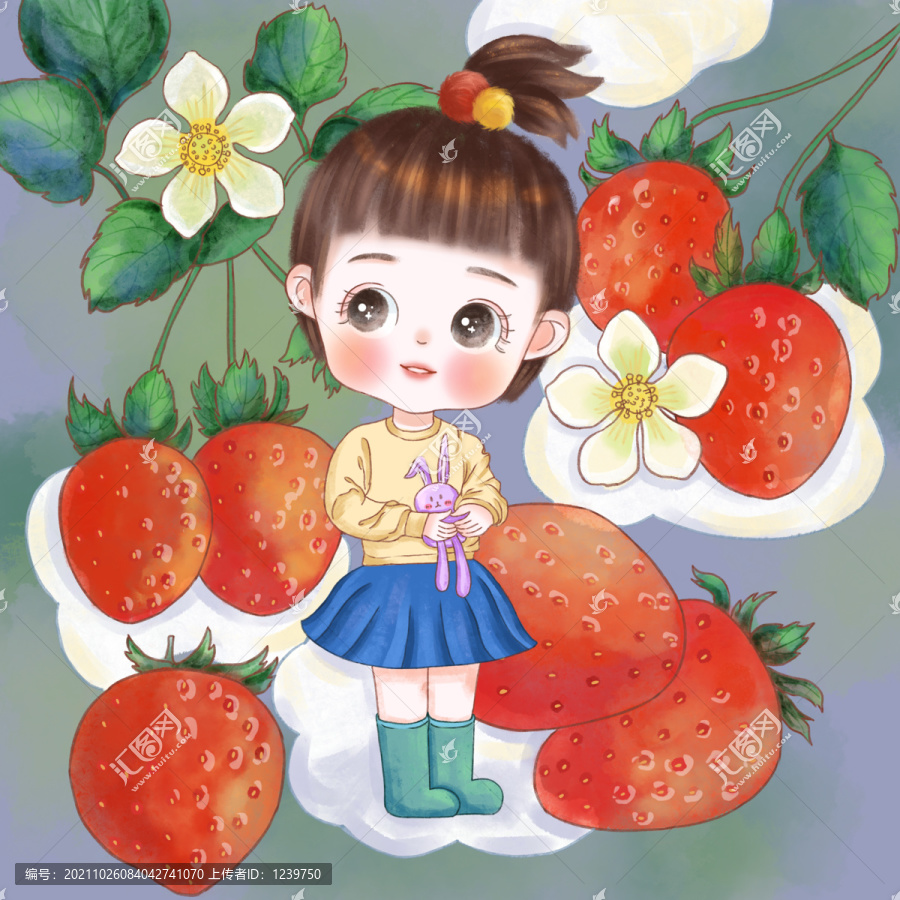 手绘水果草莓女孩本本封面装饰画