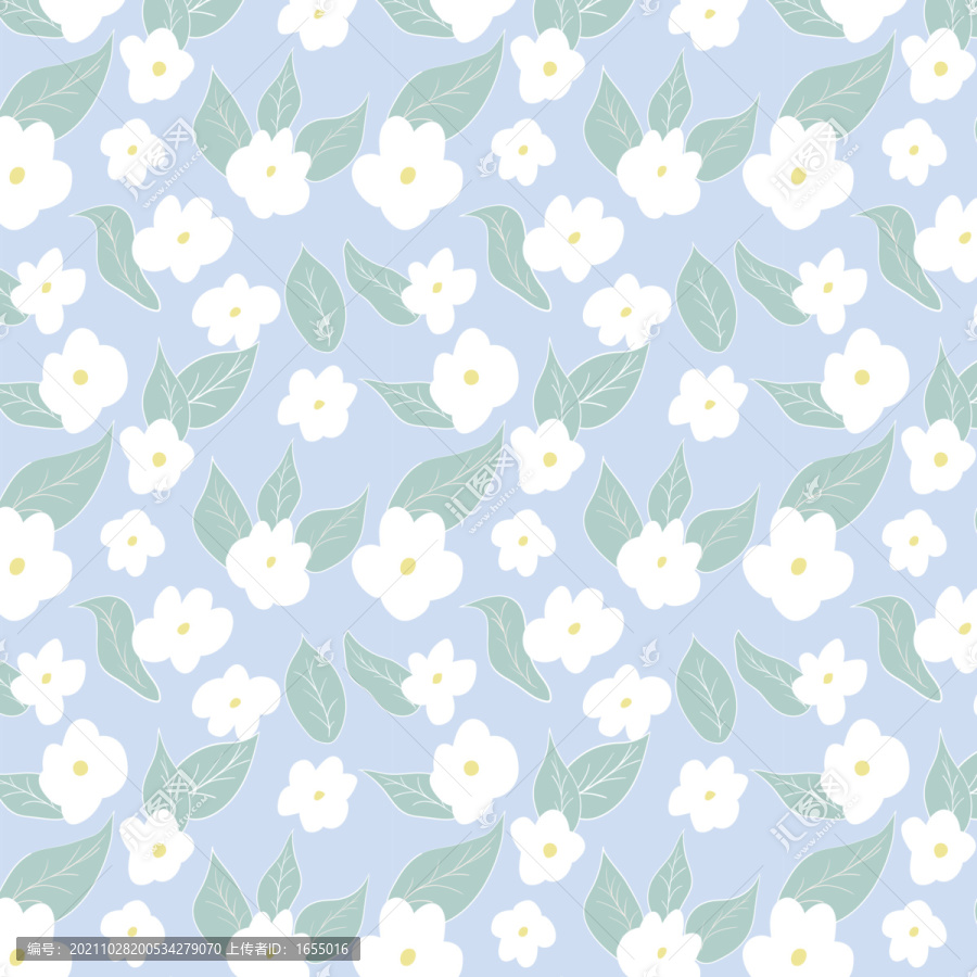 蓝色小清新白色花卉无缝背景