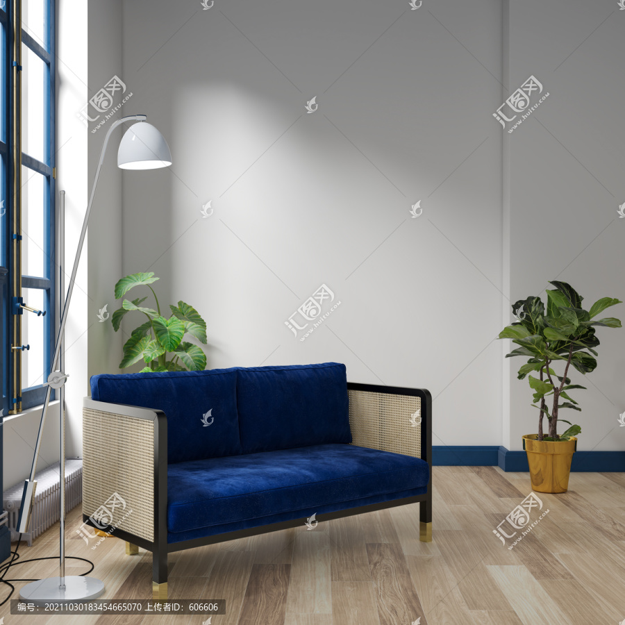 蓝色绒布单椅墙布壁画背景场景图