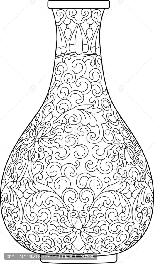 古代花瓶花卉图案线稿