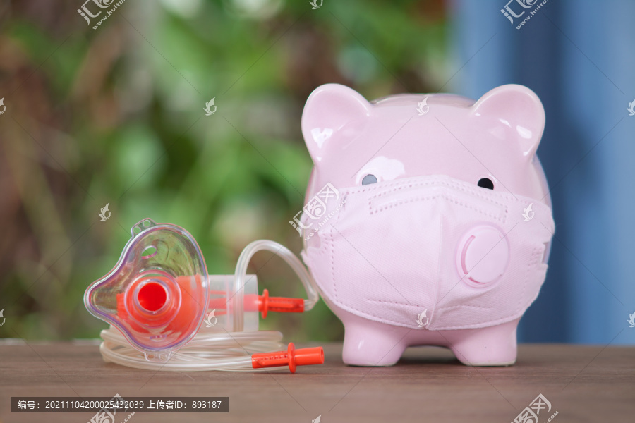 N95口罩的小猪存钱罐和雾化吸