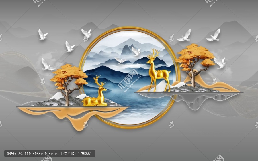 新中式山水麋鹿装饰画背景墙