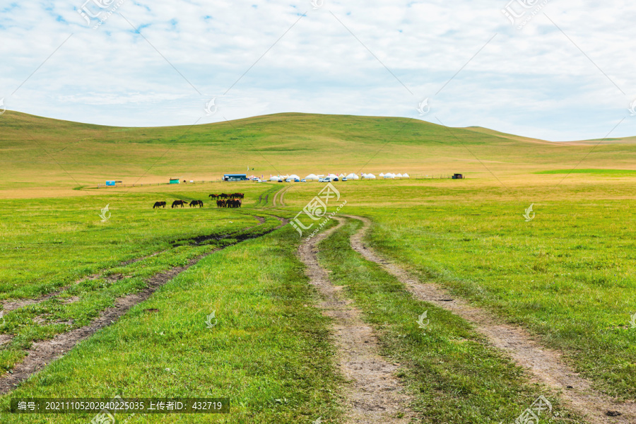 秋季草原蒙古包马群