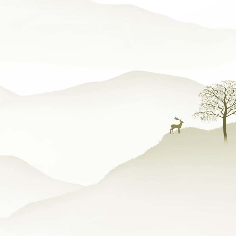 新中式山水麋鹿发财树圆形装饰画