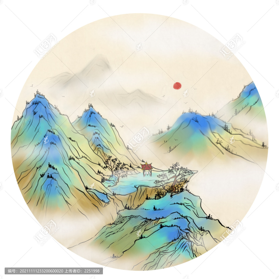 中国风青绿山水装饰画