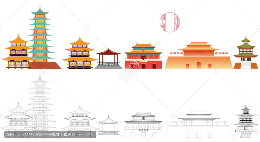 中国风亭台楼阁古典建筑原创手绘