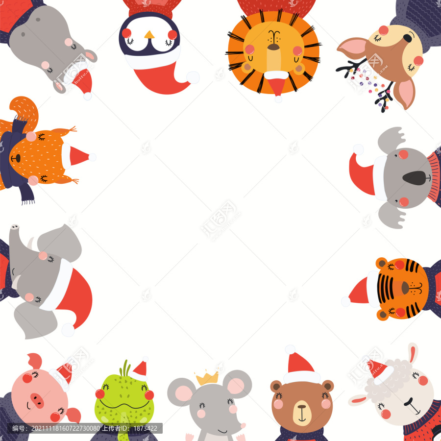 可爱动物过圣诞边框插图