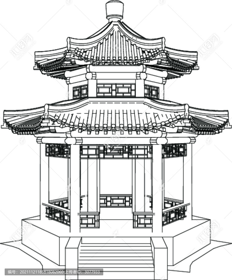 双层重檐六角亭线描