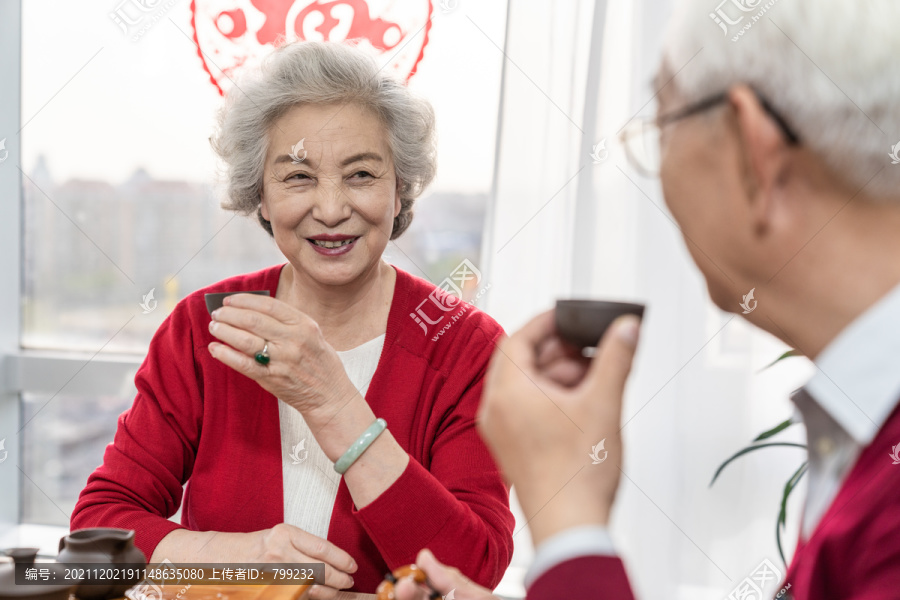 快乐的老年夫妇喝茶