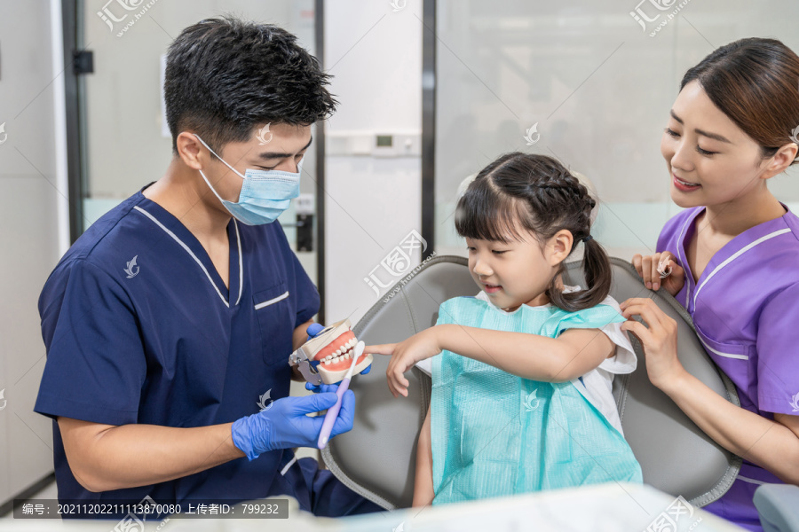 牙医教小女孩刷牙