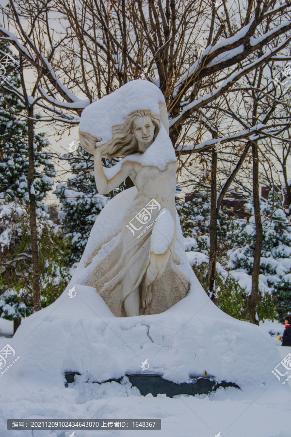 少女雕像与松树树枝雪挂雪地