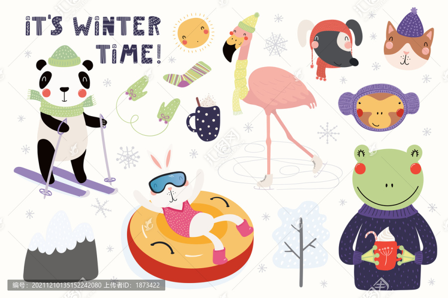 森林动物欢乐冬天插图设计集合