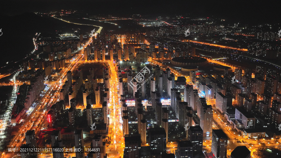 航拍青海西宁海湖新区御3夜景