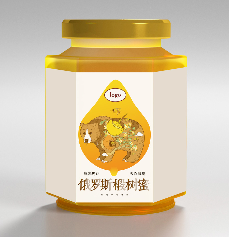 俄罗斯椴树蜜蜂蜜棕熊插画包装