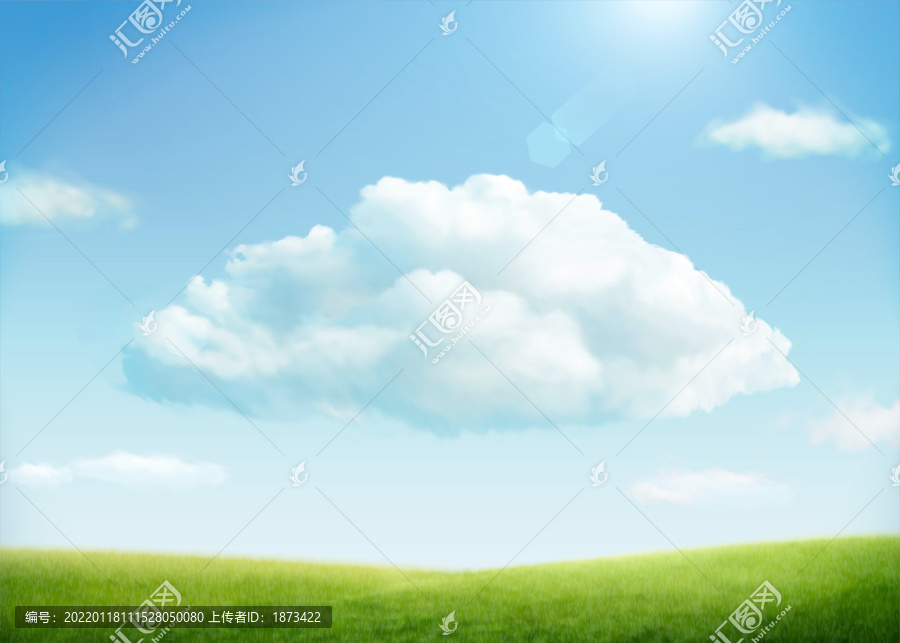 蓝天白云与清新草地背景