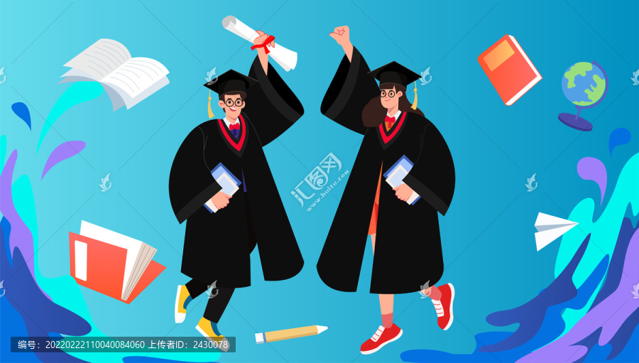 两个学生身穿学士服跳起来插画