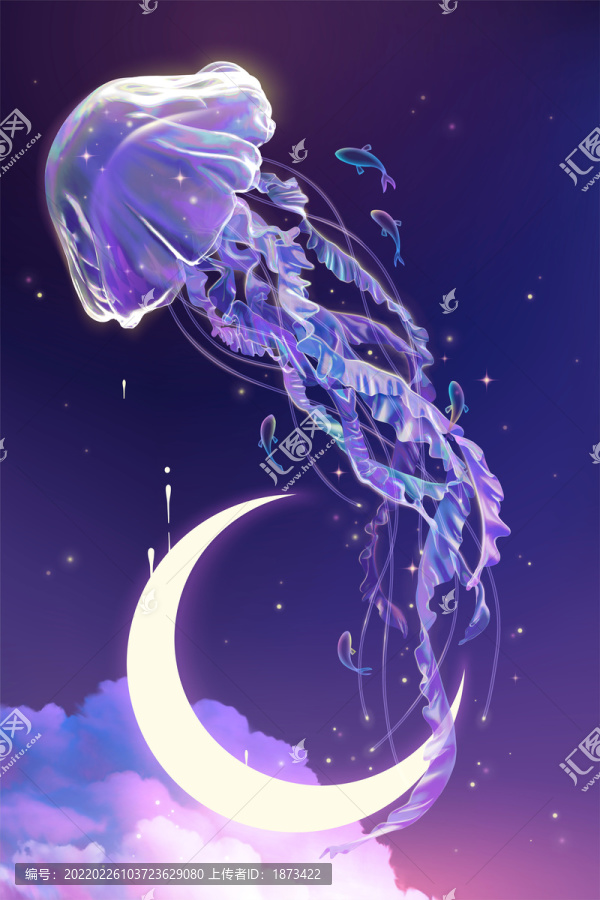三维透明梦幻飘逸水母,紫色夜空背景