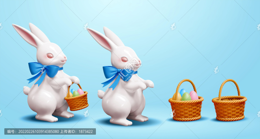 可爱三维复活节兔子与竹篮元素