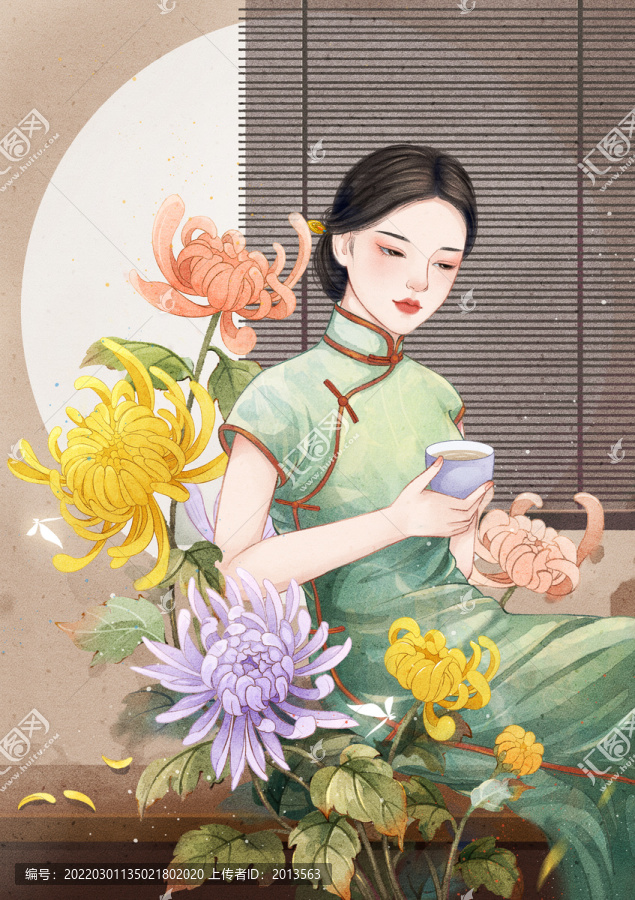 喝茶的旗袍女人插画