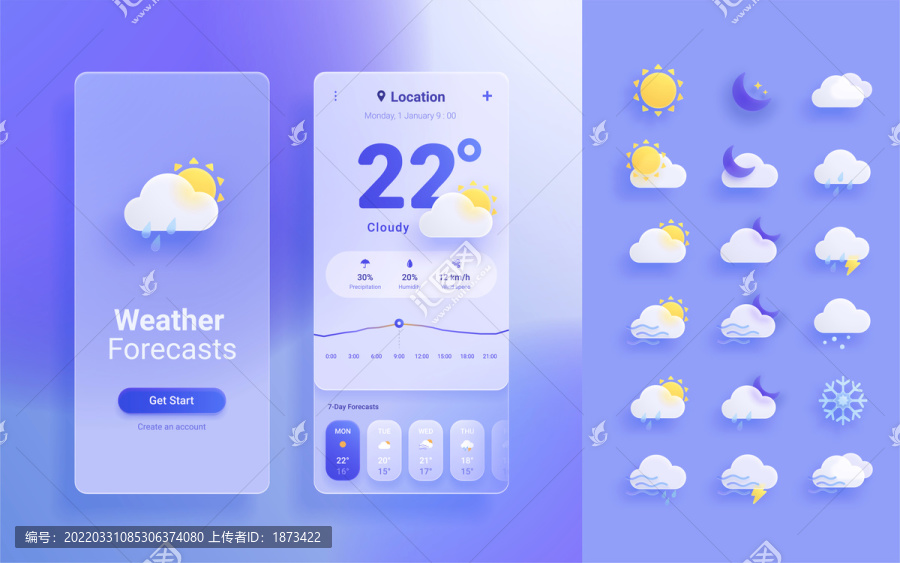 玻璃拟态UI界面设计,紫色天气预报app