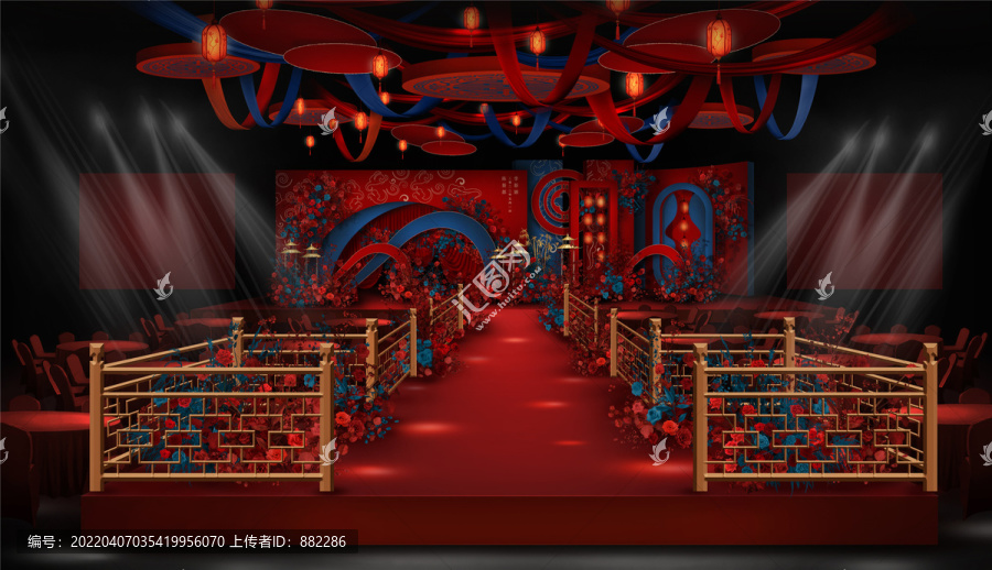 红蓝色新中式婚礼舞台设计
