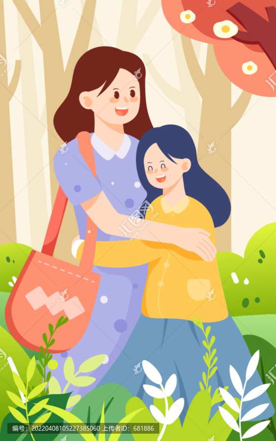 感恩母亲节母女拥抱一家人插画