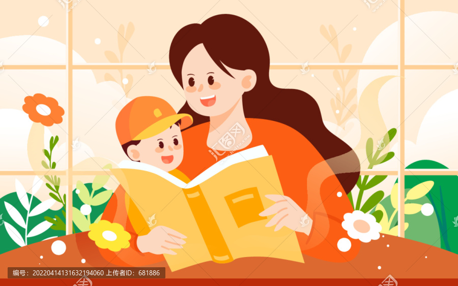母亲节亲子阅读世界读书日插画