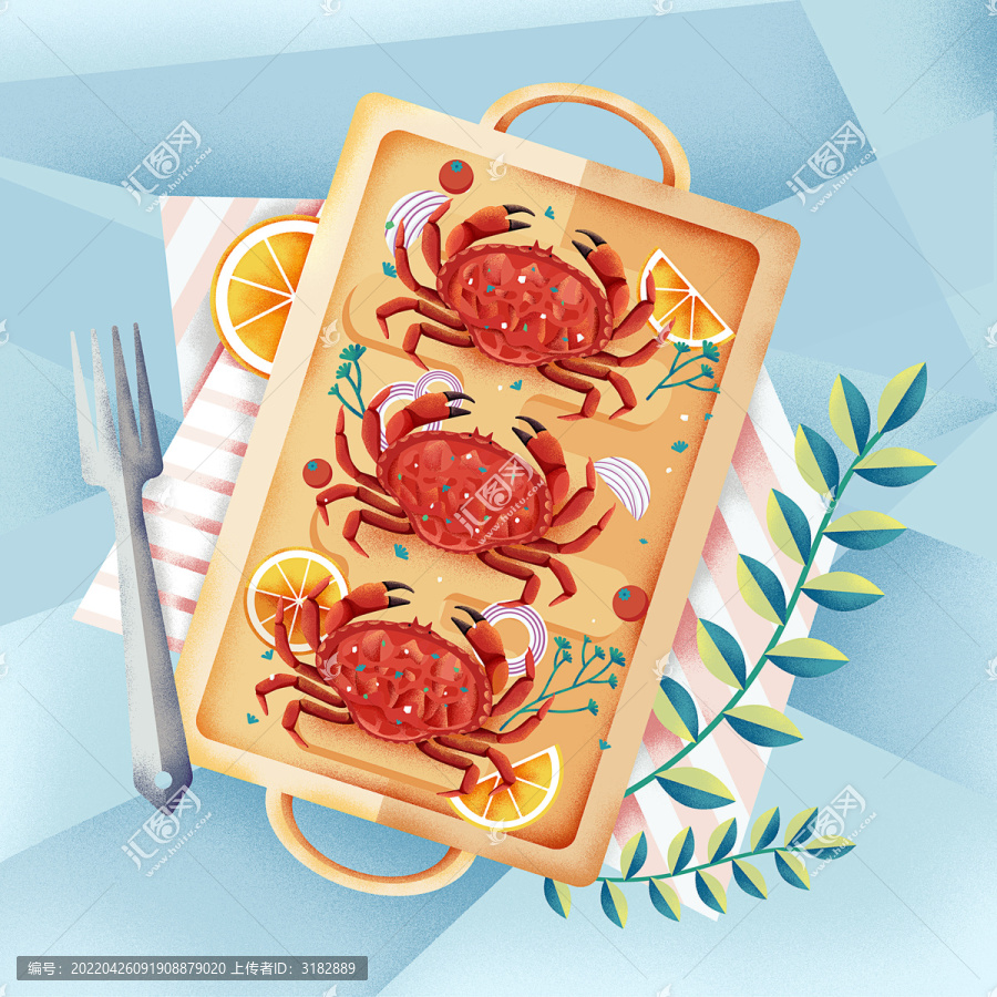 烤螃蟹美食插画插图