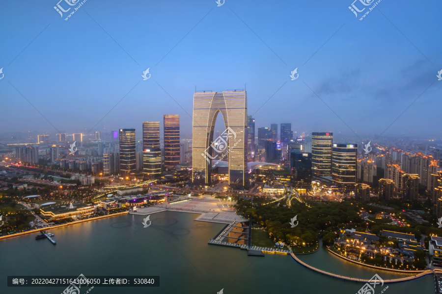 航拍苏州金鸡湖畔城市夜景